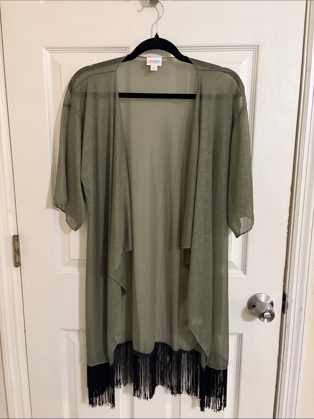 LuLaRoe Olive Sheer Kimono with Black Fringe